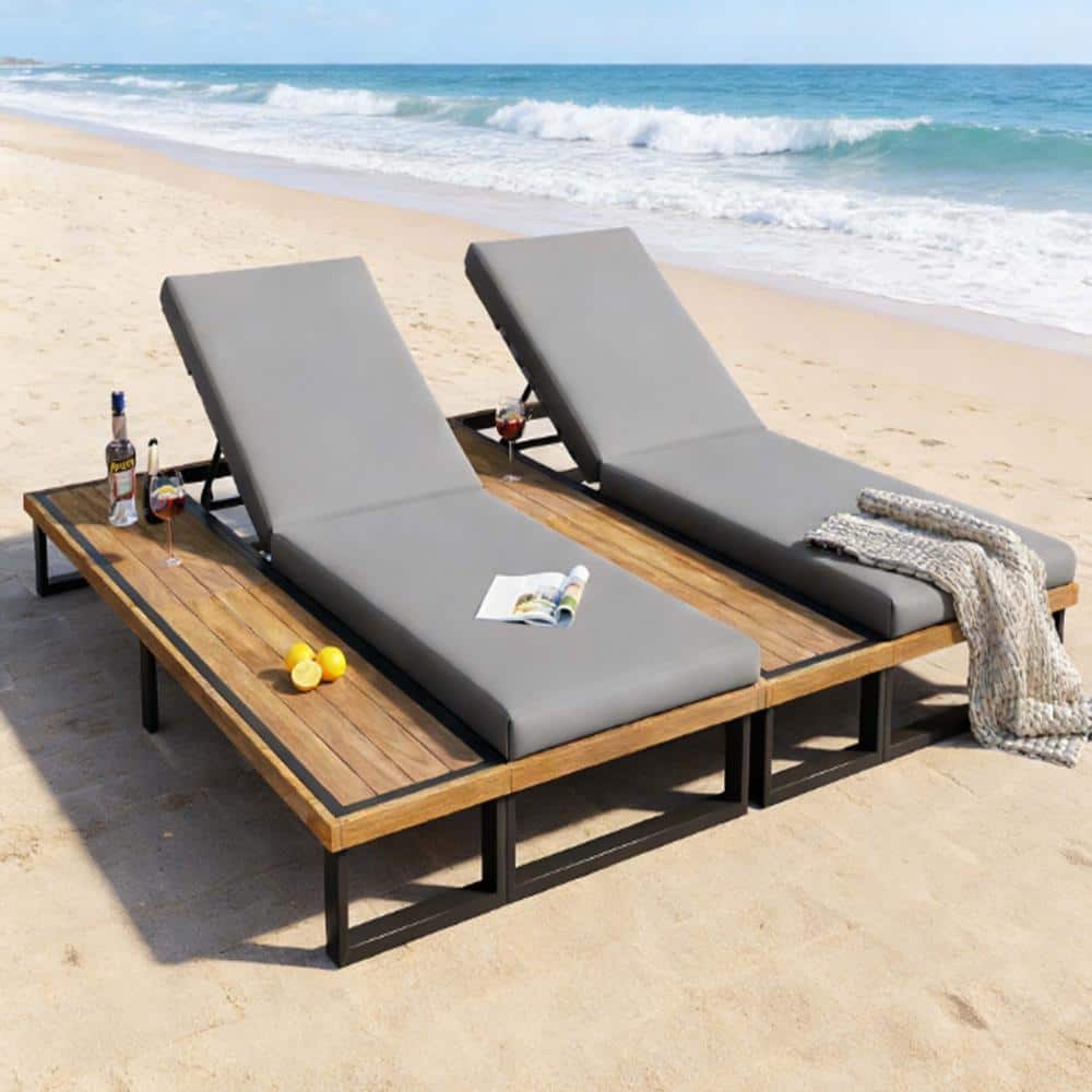 Brown Acacia Wood Outdoor Lounge Chair with Grey Cushion for Poolside, Backyard, Garden (2-Pack) price history on PriceWatchPro