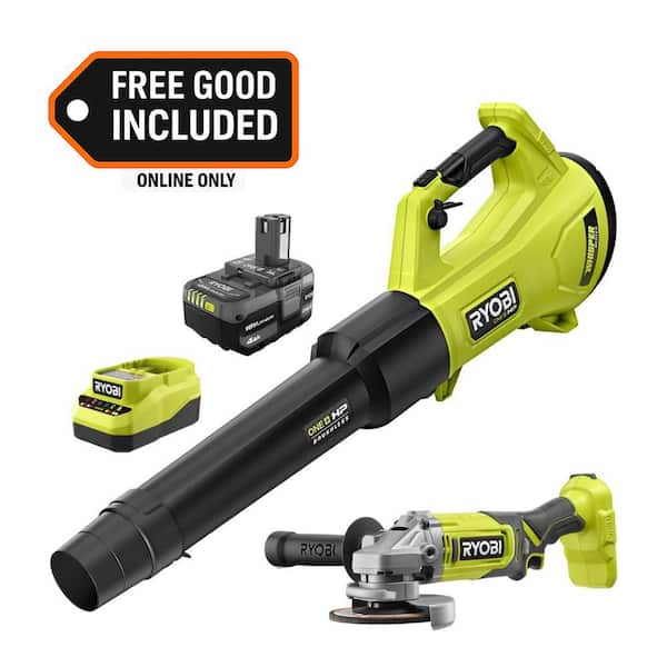 ONE+ HP 18V Brushless 450 CFM Cordless Leaf Blower w/ 4.0 Ah Battery, Charger, & FREE ONE+ 18V 4-1/2 in. Angle Grinder
