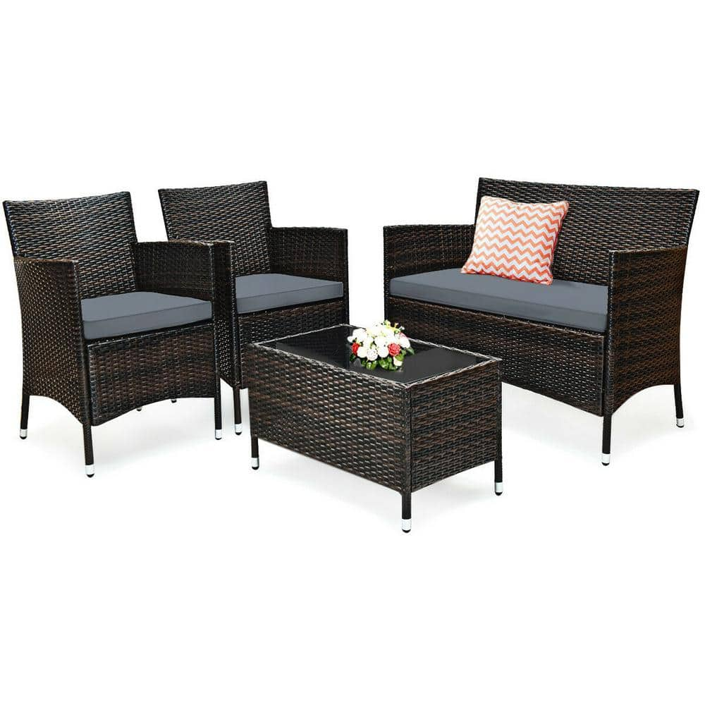 4-Piece Metal Wicker Patio Conversation Set with Gray Cushions HYH39GR ...