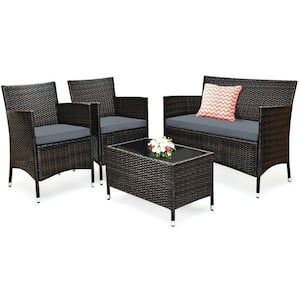 4-Piece Metal Wicker Patio Conversation Set with Gray Cushions