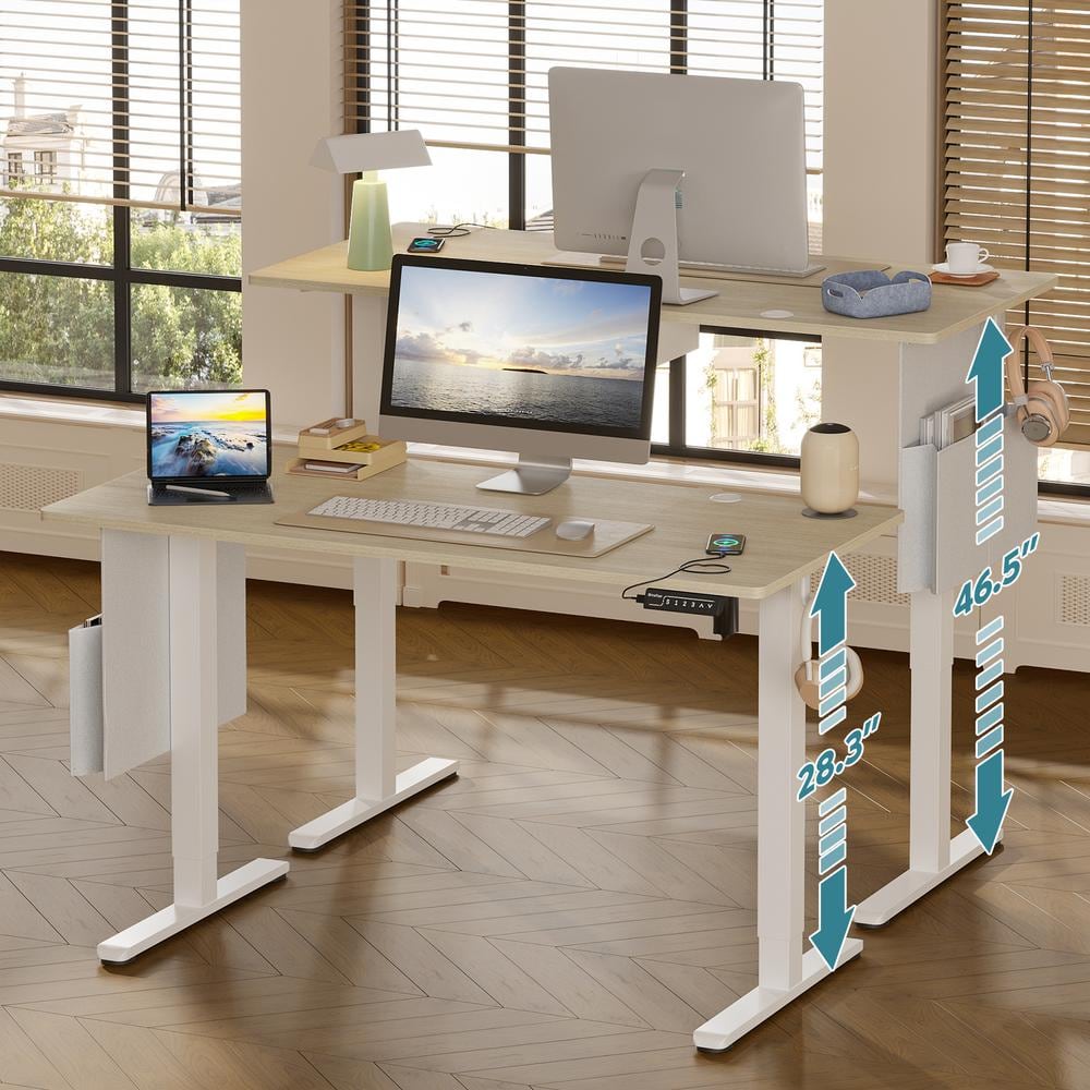 White Oak Adjustable Height Standing Desk with USB Port