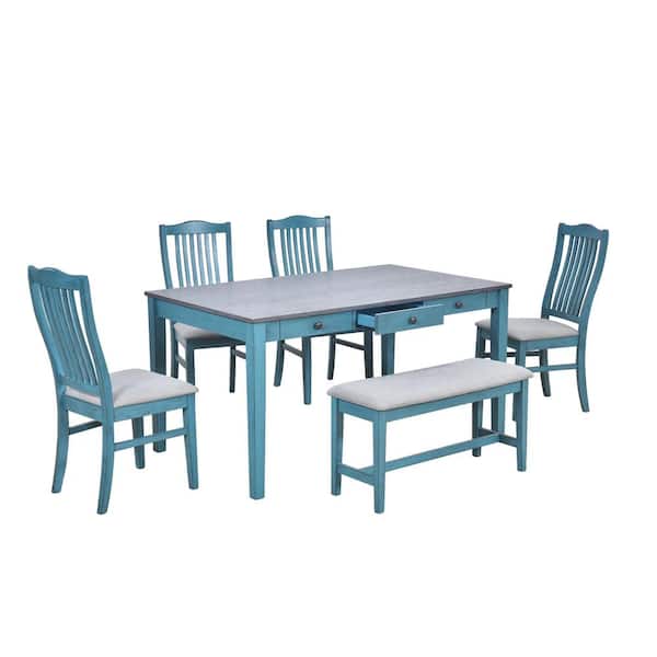 Polibi 6-Piece Mid-Century Antique Blue Wood Top Dining Room Set with Drawer, Upholstered Chairs and Bench Seats 5