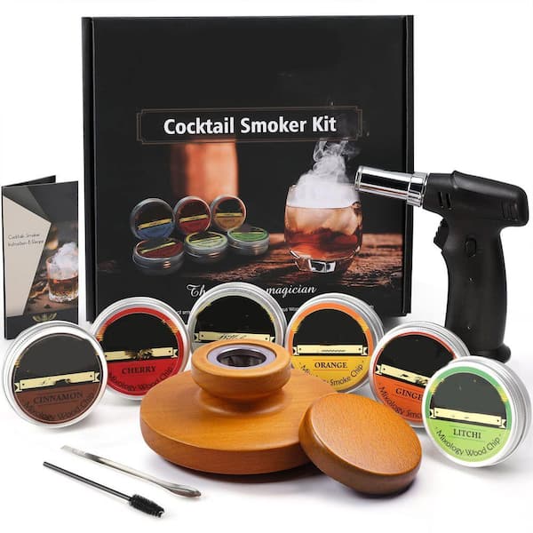 Brown Wood Cocktail Smoker Kit with Torch and 6 Natural Flavor Wood Chips for Whiskey and Spirits (No Butane)