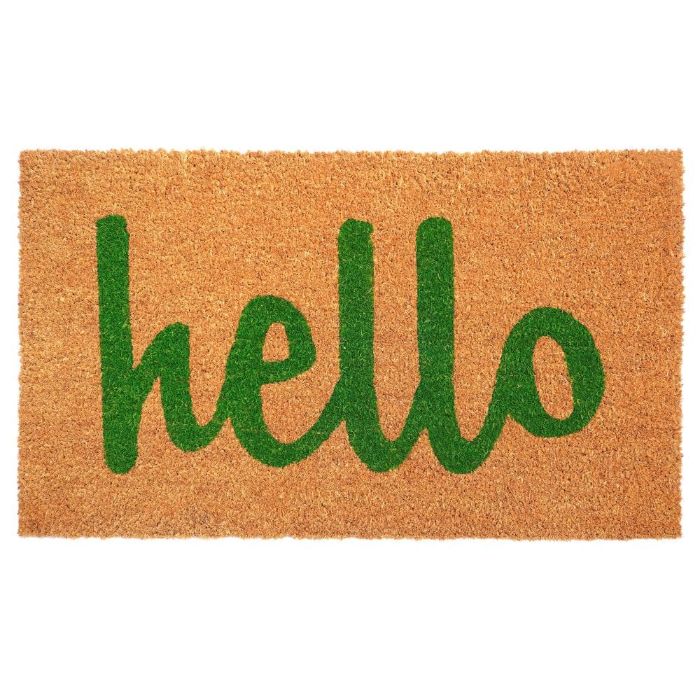 Hello Natural/Green Script 17 in. x 29 in. Door Mat