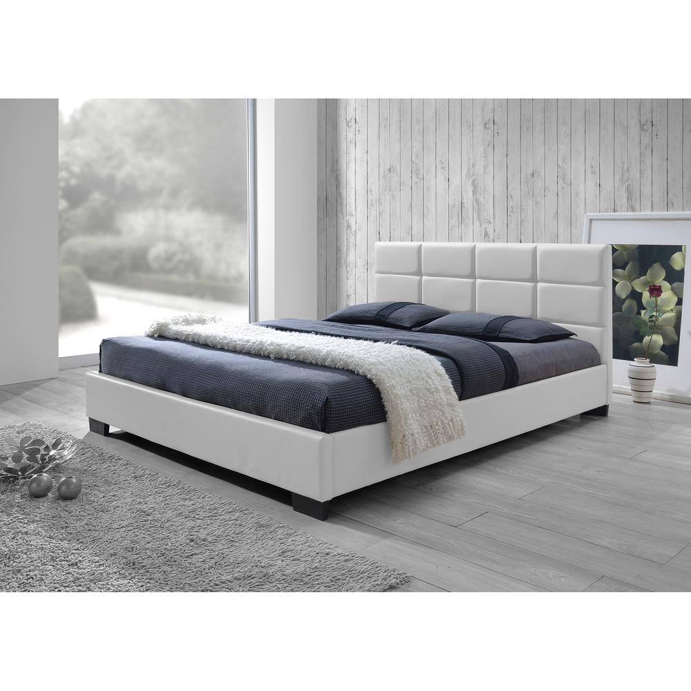 White Queen Faux Leather Upholstered Platform Bed with Tufted Headboard