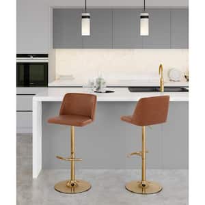 Toriano 33 in. Camel Faux Leather and Gold Metal Adjustable Bar Stool with Rounded T Footrest (Set of 2)