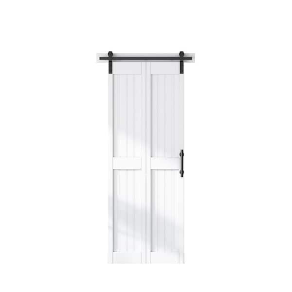 SANDING 30 in. x 84 in. MDF Bi-Fold Barn Door with Hardware Kit, Covered with Water-Proof PVC Surface, White, H-Frame