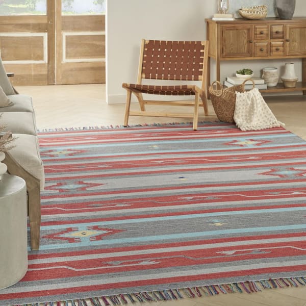 7 ft. x 10 ft. Gray and Red Southwestern Handmade Area Rug with Fringe