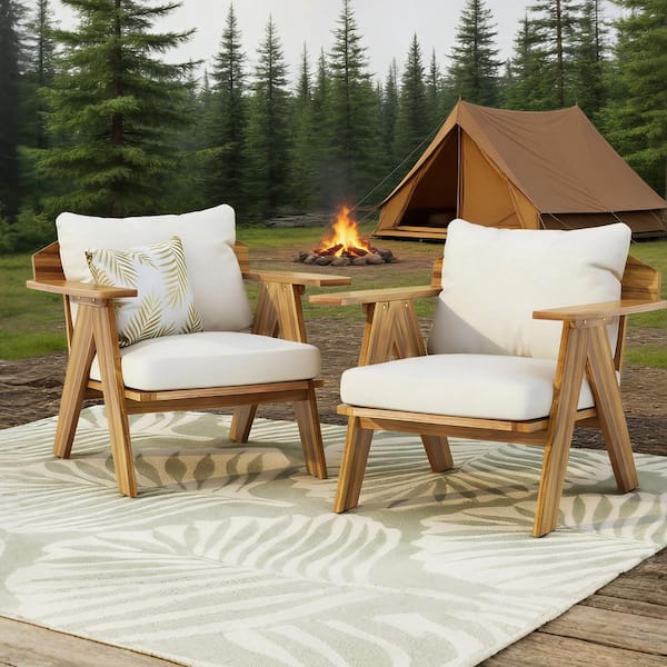 Teak Acacia Wood Outdoor Lounge Chair with Beige Cushions (2-Pack)
