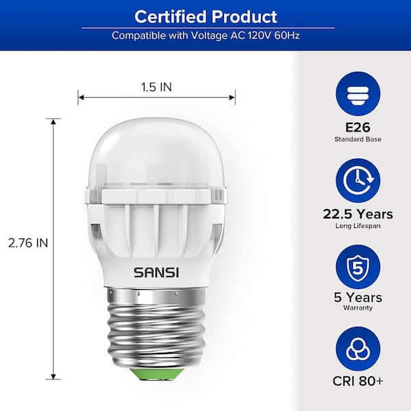 SANSI 45-Watt Equivalent A11 450 Lumens E26 Base High Efficiency LED Refrigerator Light Bulb 5000K Daylight (4-Pack)