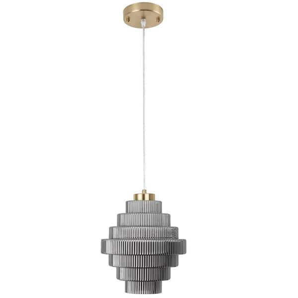 LWYTJO 1-Light Smoky Grey Modern Pendant Lights Gyro Shape Ceiling Hanging Lighting with Glass Shade