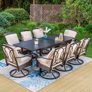 9-Piece Metal Outdoor Dining Set with Rectangular Carve Pattern Table and Rattan Swive Chairs with Beige Cushions