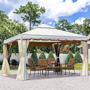 12 ft. x 12 ft. Cream Outdoor Canopy Gazebo Double Roof Patio Gazebo with Netting and Shade Curtains