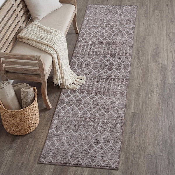 Leila Moroccan Diamond Trellis Machine-Washable Taupe/Ivory 2 ft. x 8 ft. Runner Rug