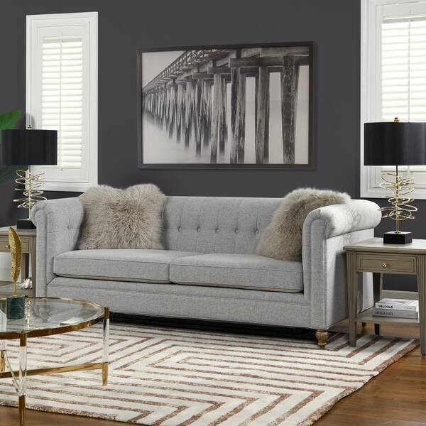 Jennifer Taylor Shiloh 84 in. Wide Rolled Arm Polyester Farmhouse Chesterfield Straight Sofa in Light Gray
