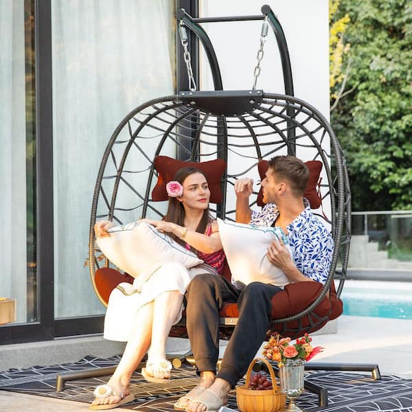 FINCATI Large Charcoal Gray Wicker 2 Person Patio Hanging Egg Chair with Balck Stand and Dark Red Cushions