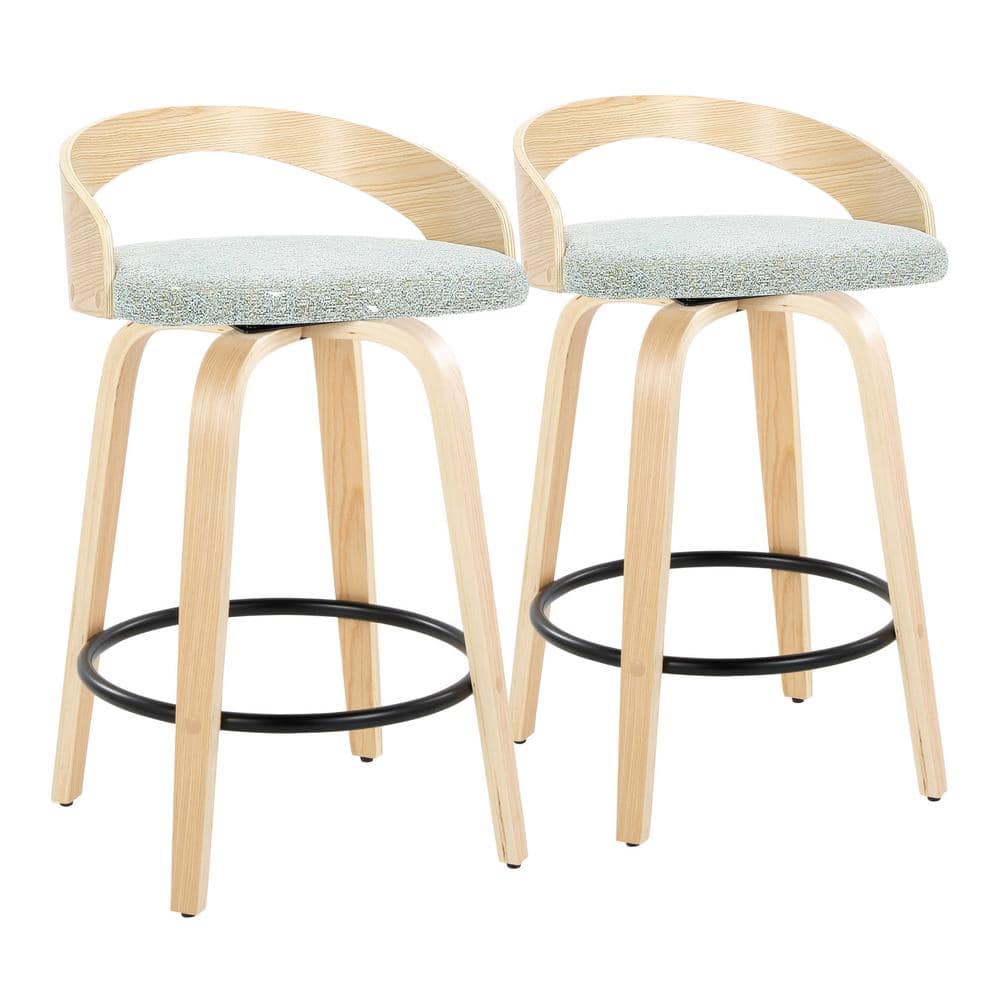 Set of 2 Green Swivel Counter Stools with Wood Legs