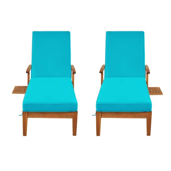 Tunearary Wood Outdoor Chaise Lounge Reclining Daybed with Wheels Blue Cushion Cup Table Adjustable with 5 Positions (Set of 2)