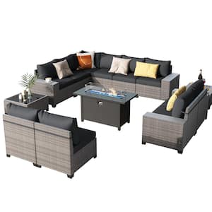 OC Orange Casual 12-Piece Wicker Outdoor Conversation Set with Fire Pit Table Black Cushions