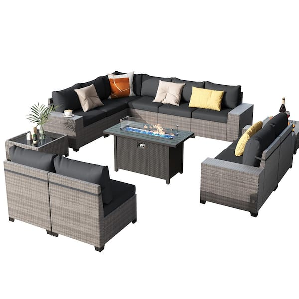 Freestyle 12-Piece Wicker Grey Outdoor Conversation Set with Fire Pit Table, Black Cushions
