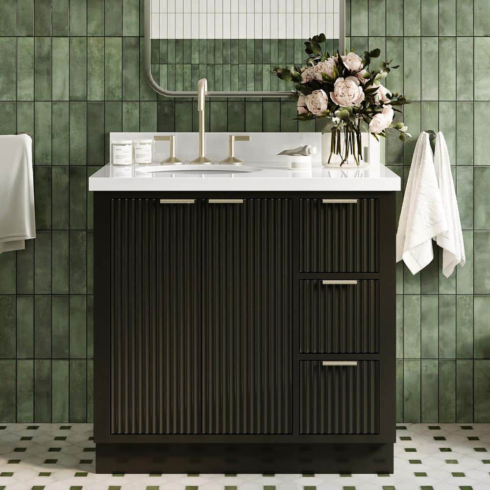 Milan 36 in. Single Sink Freestanding Bathroom Vanity in Black with Pure White Quartz Top price history on PriceWatchPro