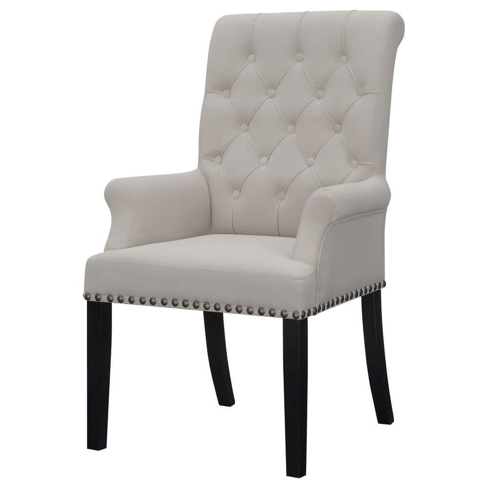 Beige Velvet Upholstered Traditional Arm Chair with Nailhead Trim