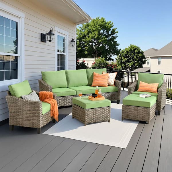 Bougainvillea 5 Pieces Wicker Outdoor Patio Conversation Seating Set with Green Cushions
