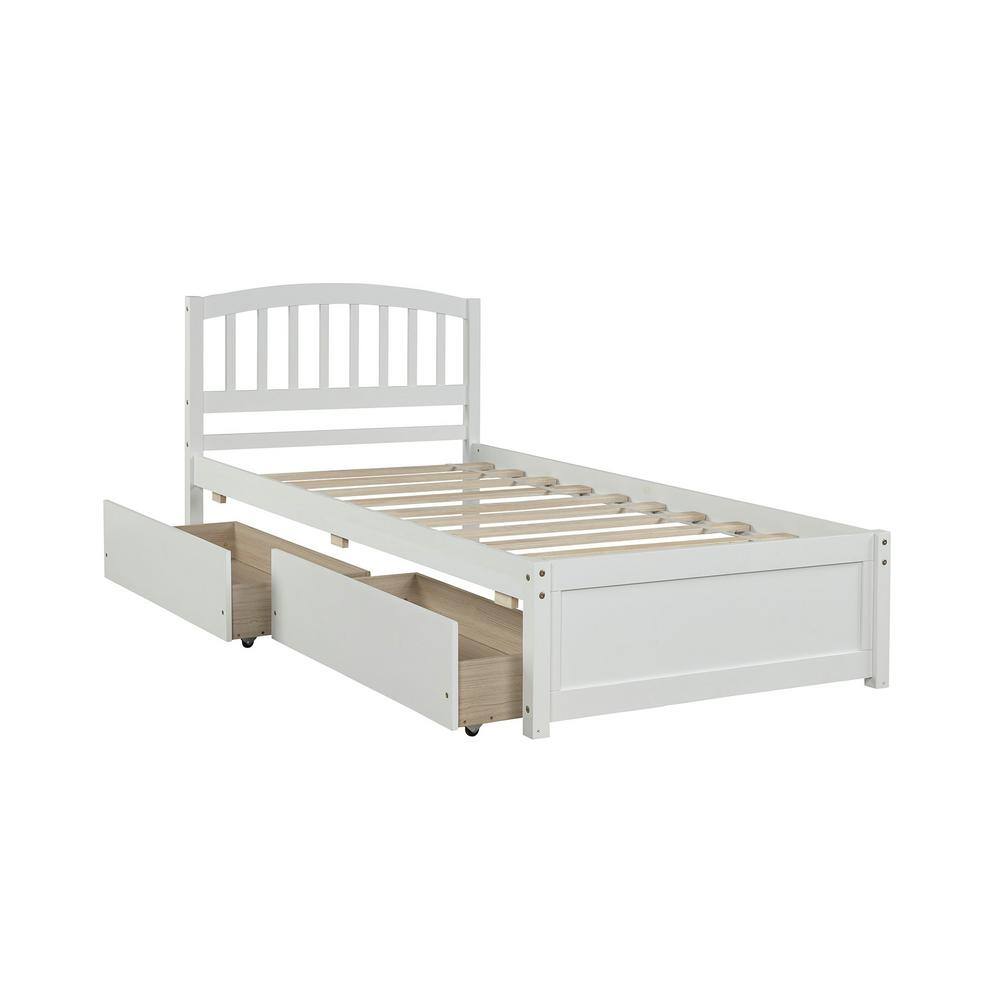 Forclover White Wood Frame Twin Platform Bed With 2-drawers For Storage 