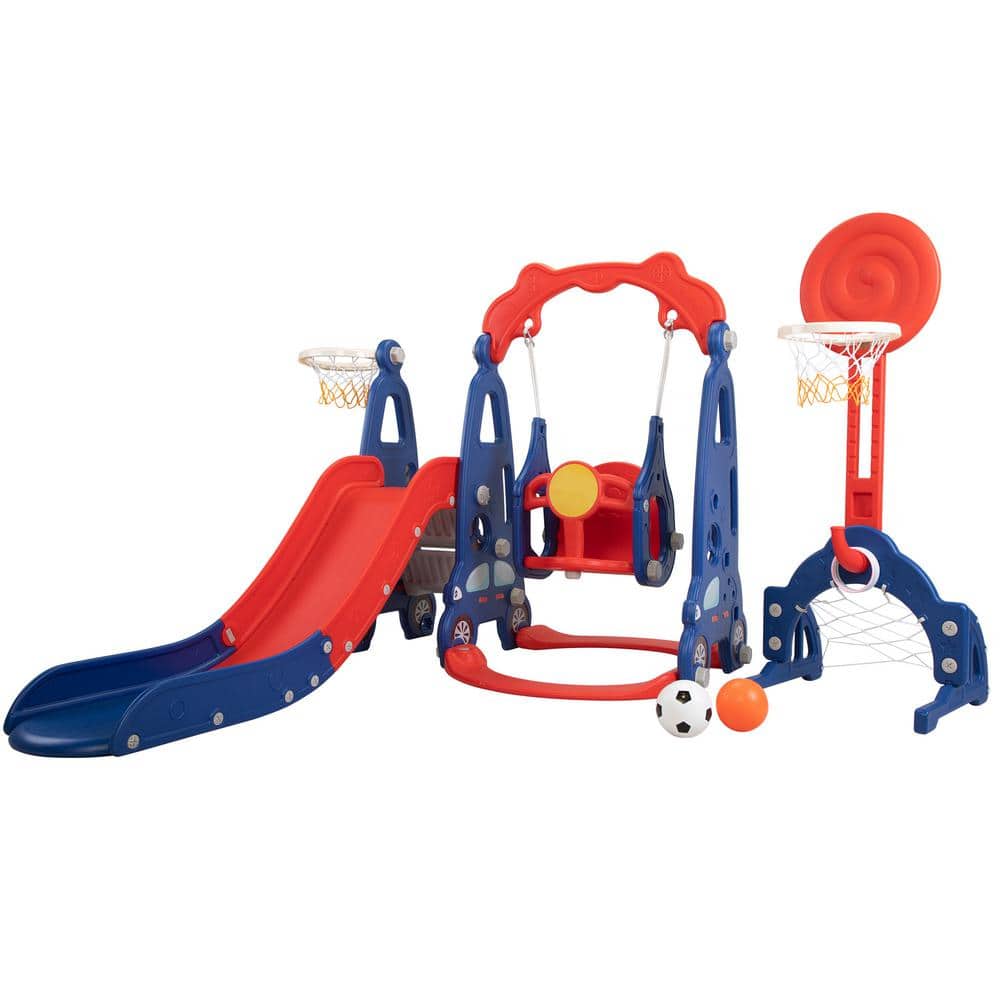 5in1 Red and Blue Indoor, Outdoor Freestanding Playset Slide Car with