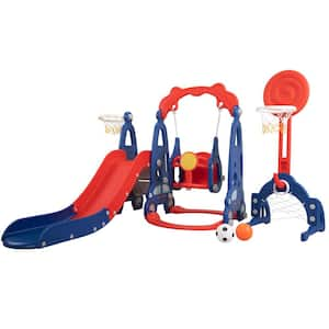 5-in-1 Red and Blue Indoor, Outdoor Freestanding Playset Slide Car with 2 Basketball Hoops, Football, Ringtoss