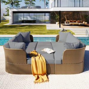 5-Piece Brown Wicker Patio Outdoor Sectional Conversation Set with Gray Thick Cushions, Suitable for Backyard, Porch