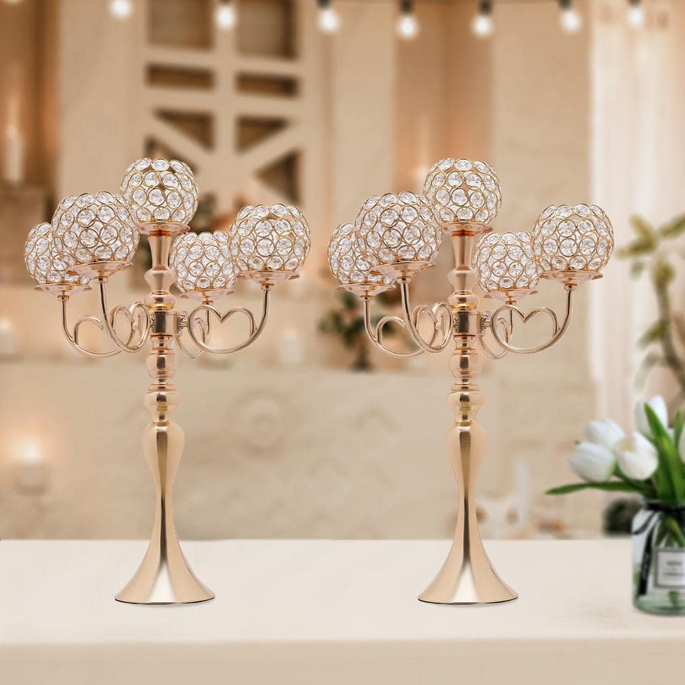 Gold Crystal 5-Arm Tabletop Candelabra Set