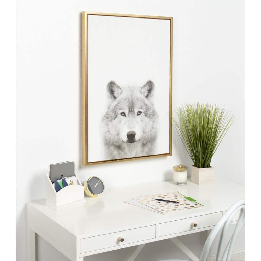Gold Framed Black and White Wolf Canvas Print, 33" x 23"