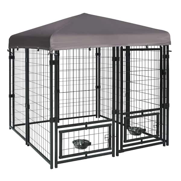 VEIKOUS 4.5 ft. x 4.5 ft. Outdoor Dog Cage Fence with Cover and Rotating Feeding Door