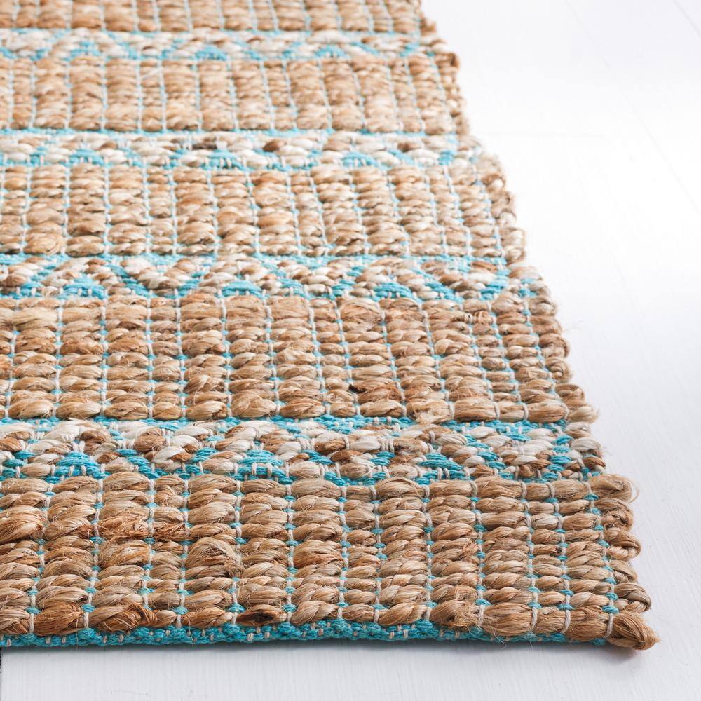 Teal and Natural Handwoven Cotton Jute Runner Rug