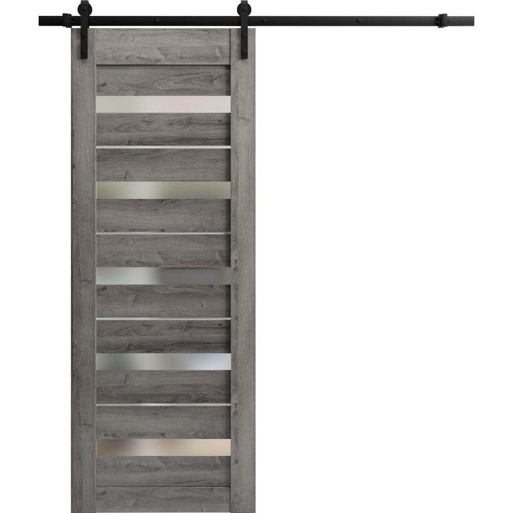 Assembly Required 42 in. x 80 in. 1-Panel Frosted Glass Nebraska Grey Wood Sliding Barn Door with Hardware Kit price history on PriceWatchPro