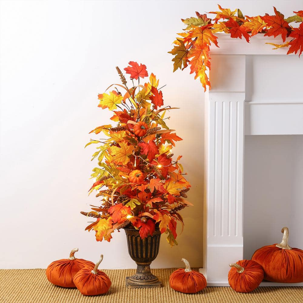 Glitzhome 36 in. H Fall Lighted Maple Leaves Urn Potted Porch ...