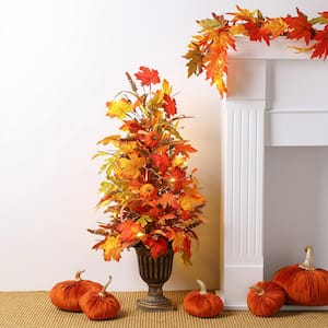 36 in. H Fall Lighted Maple Leaves Urn Potted Porch Artificial Tree, 20 Warm White Lights