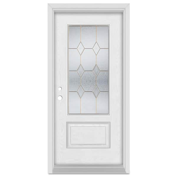 Stanley Doors 32 in. x 80 in. Geometric Right-Hand 3/4 Lite Brass Finished Fiberglass Oak Woodgrain Prehung Front Door