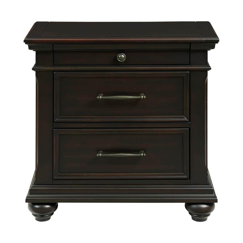 Brooks Black Poplar 3-Drawer Nightstand with USB Ports