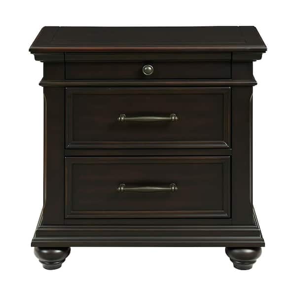 Brooks 3-Drawer Black Nightstand with USB Ports