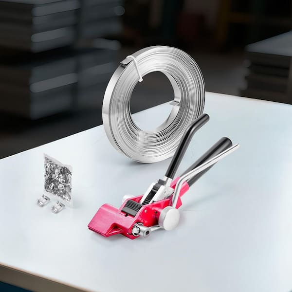 Steel Banding Strapping Kit, Heavy Duty Banding Sealer Tool with 100 ft. Binding Straps, 100 Metal Clasps for Warehouse
