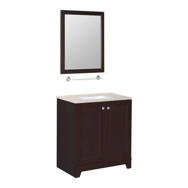 Glacier Bay Madison 30-1/2 in. W Vanity in Java with Solid-Surface Vanity Top in Sand and Mirror