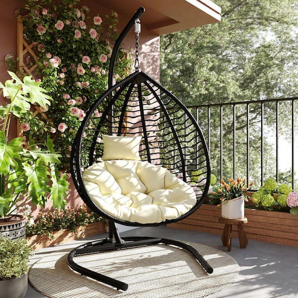 Black Wicker Foldable Outdoor Rattan Egg Chair Patio Swing Chair