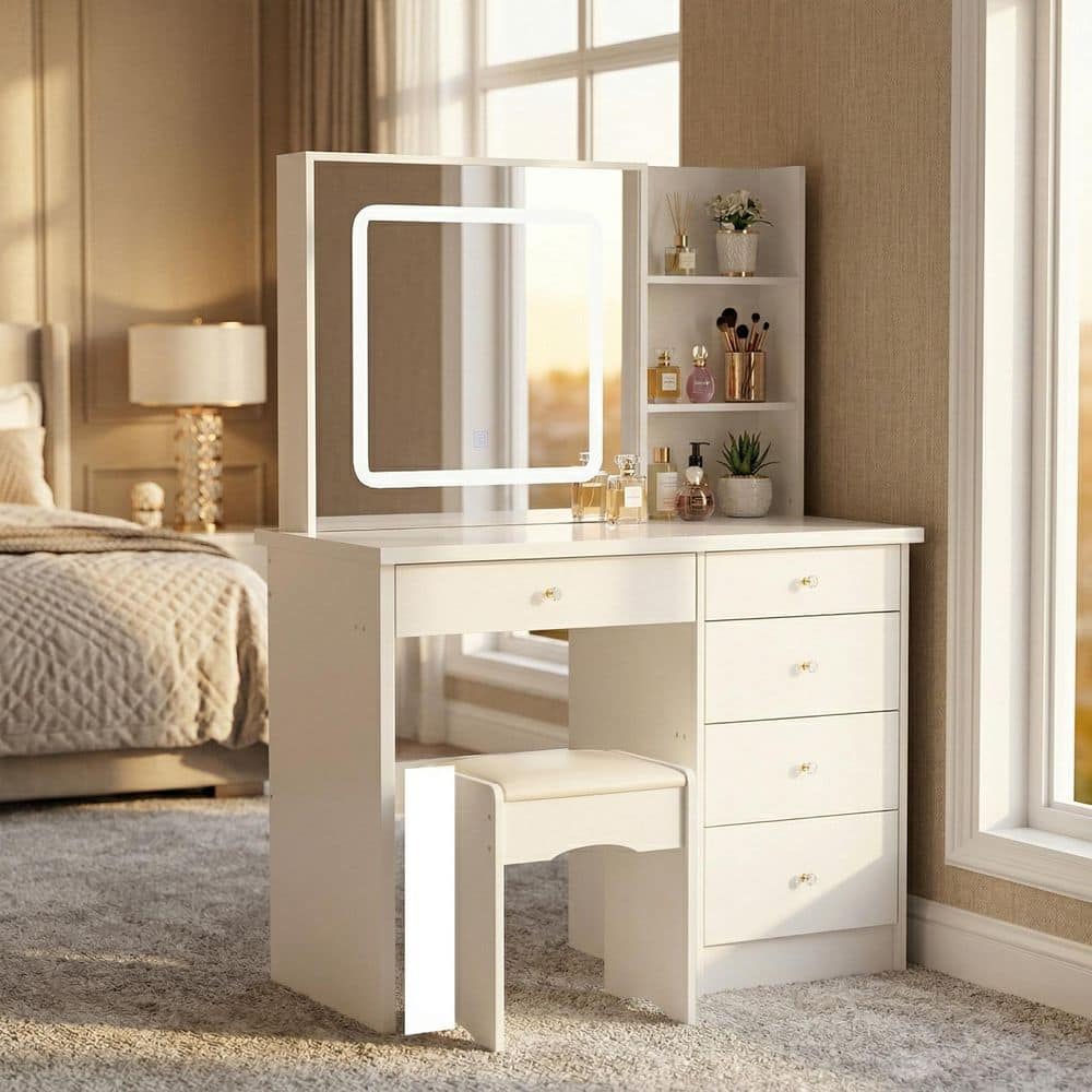 39.4 in. W White LED Dimmable Mirror Dresser Dressing Table with 5-Drawers, Stool and Storage Shelves - thumbnail 2