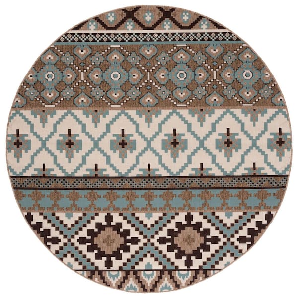 Veranda Creme/Brown 7 ft. x 7 ft. Tribal Aztec Indoor/Outdoor Round Area Rug