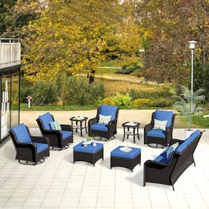 Janus Brown 9-Piece Wicker Patio Conversation Seating Set with Navy Blue Cushions and Swivel Chairs