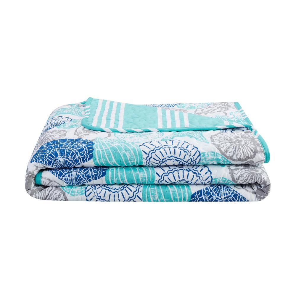 King Size Blue Microfiber Reversible Coastal Quilt Set