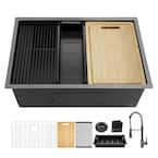 27 in. Gunmetal Black Stainless Steel Single Bowl Undermount Workstation Kitchen Sink with Black Spring Neck Faucet
