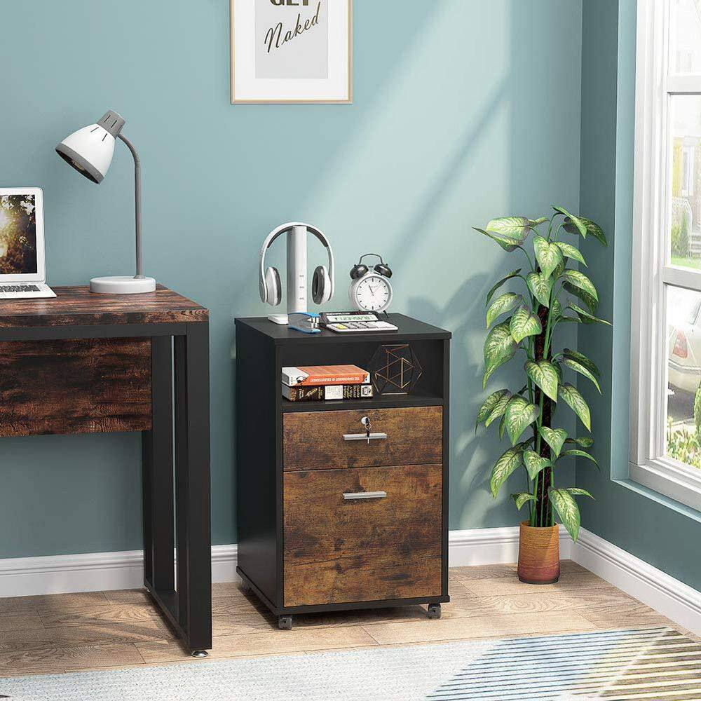 Brown wood and black mobile file cabinet in a home office setting.